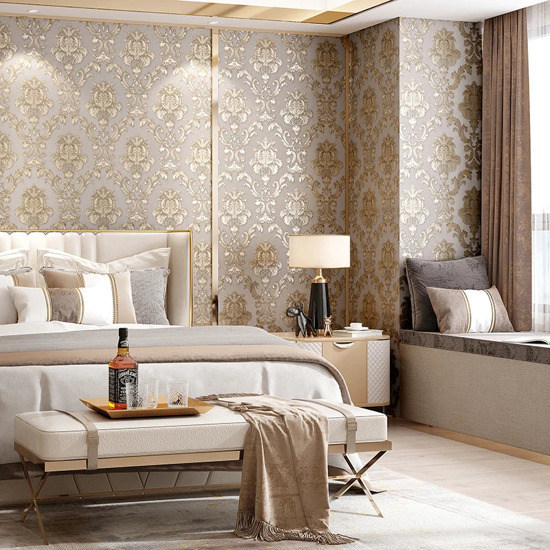 home & garden : Damast Behang Khaki Goud - Antiek Luxe Wandbekleding - Vinyl in van Pantino