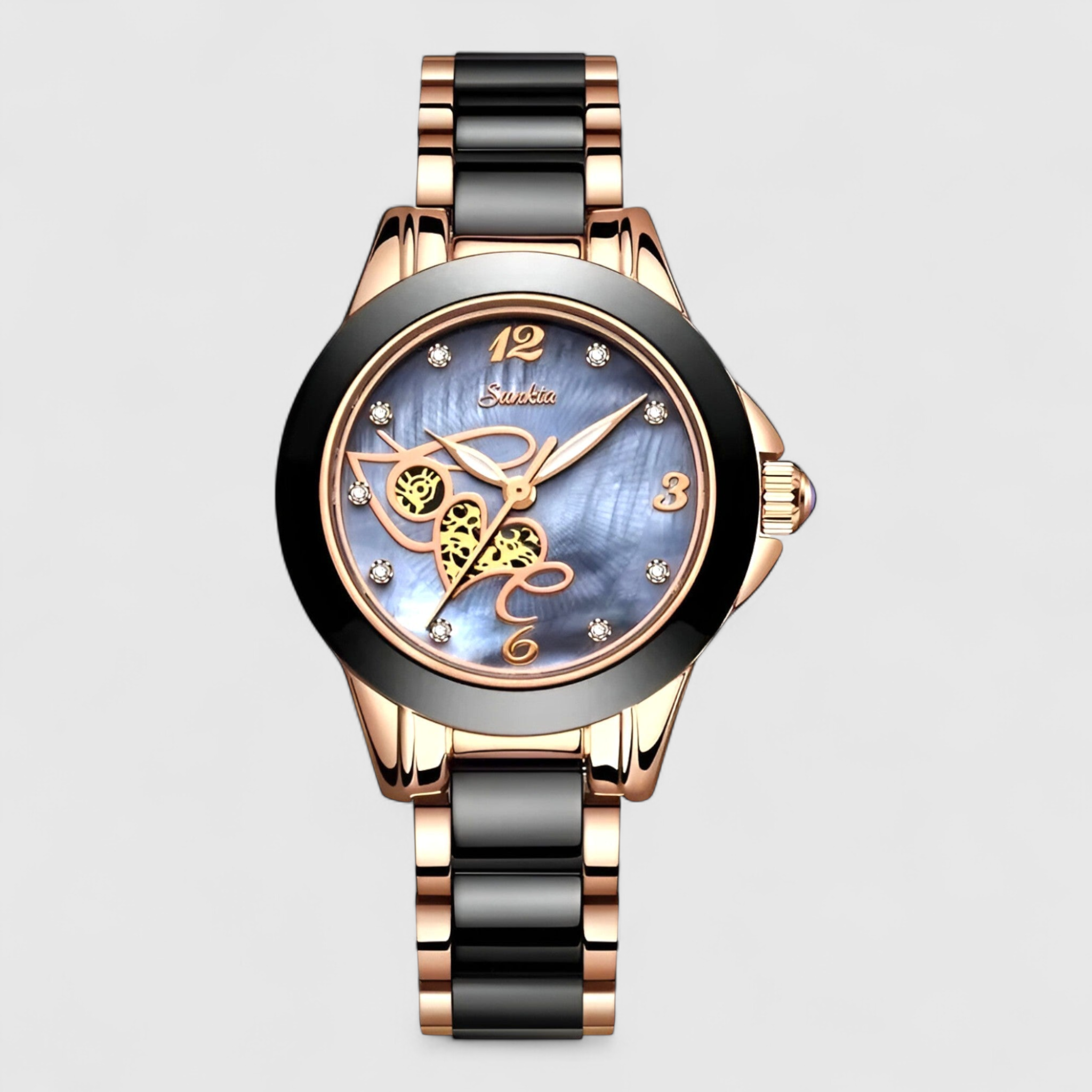 watches : Keramische Klok - Tijdloze Schoonheid en Betrouwbaarheid - Zilver Zwart in Roségoud Blauw Hart van Pantino