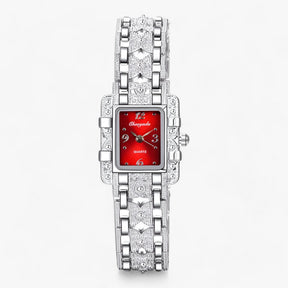 Watch : Armbanduhr met Rechthoekige Wijzerplaat en Kristallen - Modieus en Elegant voor Vrouwen - Zwart in Rood van Pantino