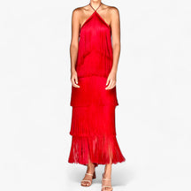 SERENA - Mouwloze jurk met vlinderhals - glamoureuze franjedetails