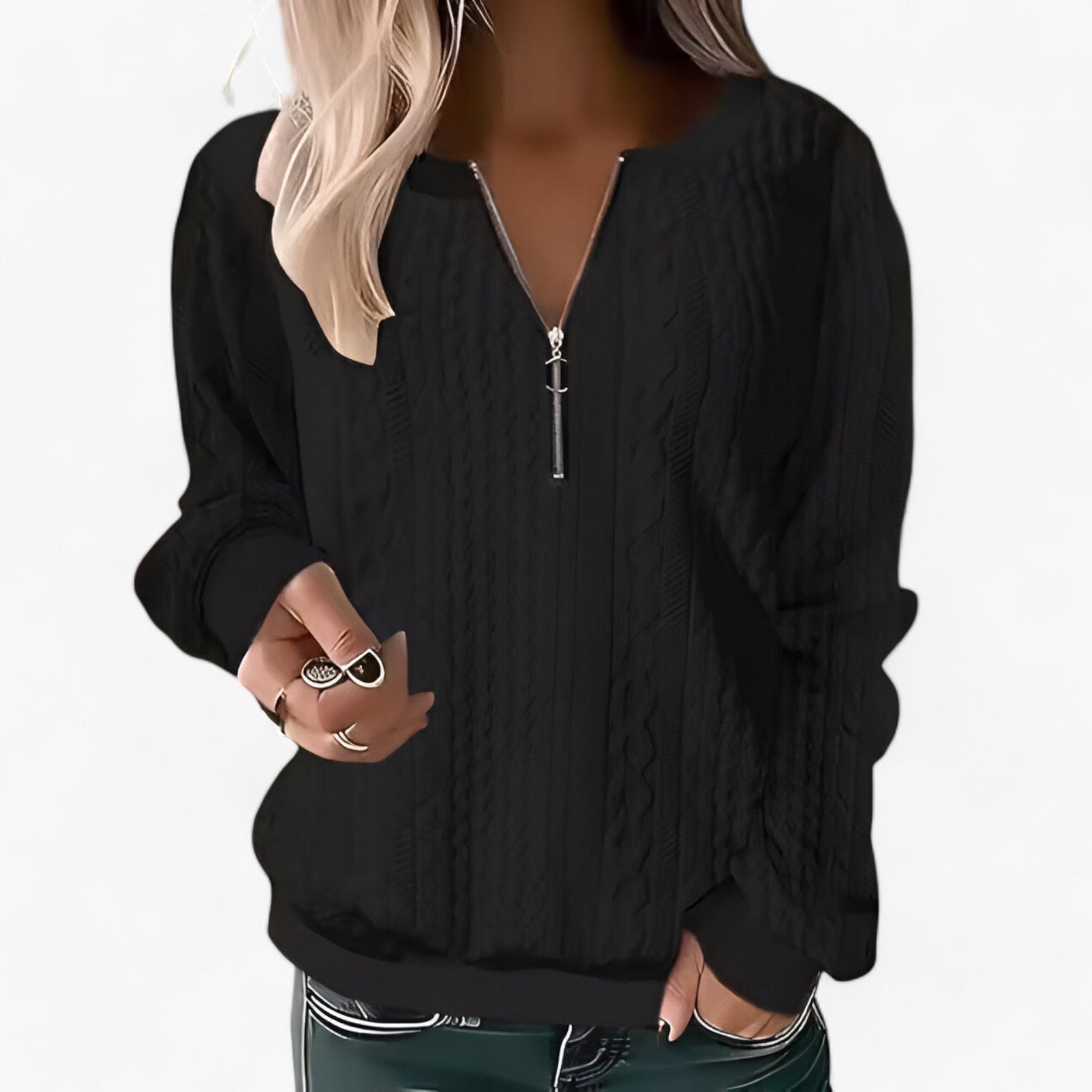 Blouse : V-Hals Top met Rits - Moeiteloze Stijl voor in de Stad - Roze in Zwart van Pantino