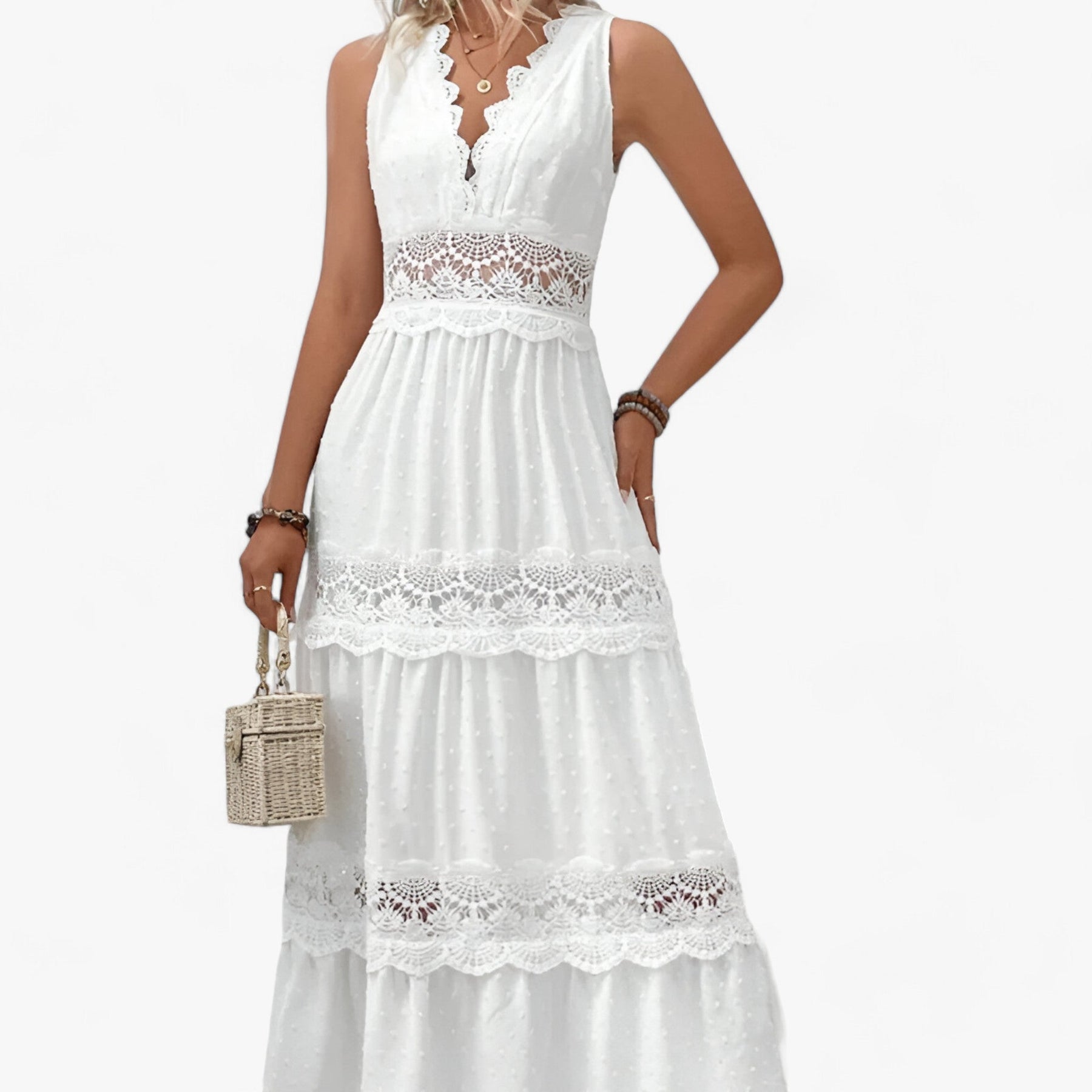 Maxi Dress : V-Hals Zomerjurk - Vloeiende Lengte met Elegante Details in van Pantino