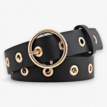 Belt : Leren Ceintuur met V Ronde Gesp - Klassiek en Verfijnt - Wit in Zwart van Pantino