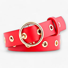 Belt : Leren Ceintuur met V Ronde Gesp - Klassiek en Verfijnt - Wit in Rood van Pantino