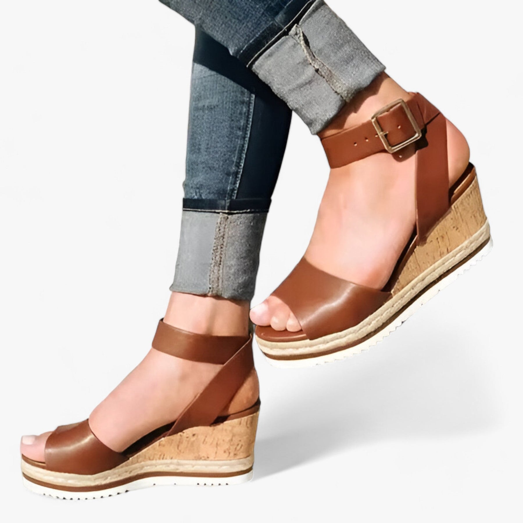 Wedge Sandals : Sandales Compensées en Cuir Vegan - Wit in Bruin (Artikel binnenkort uitverkocht) van Pantino