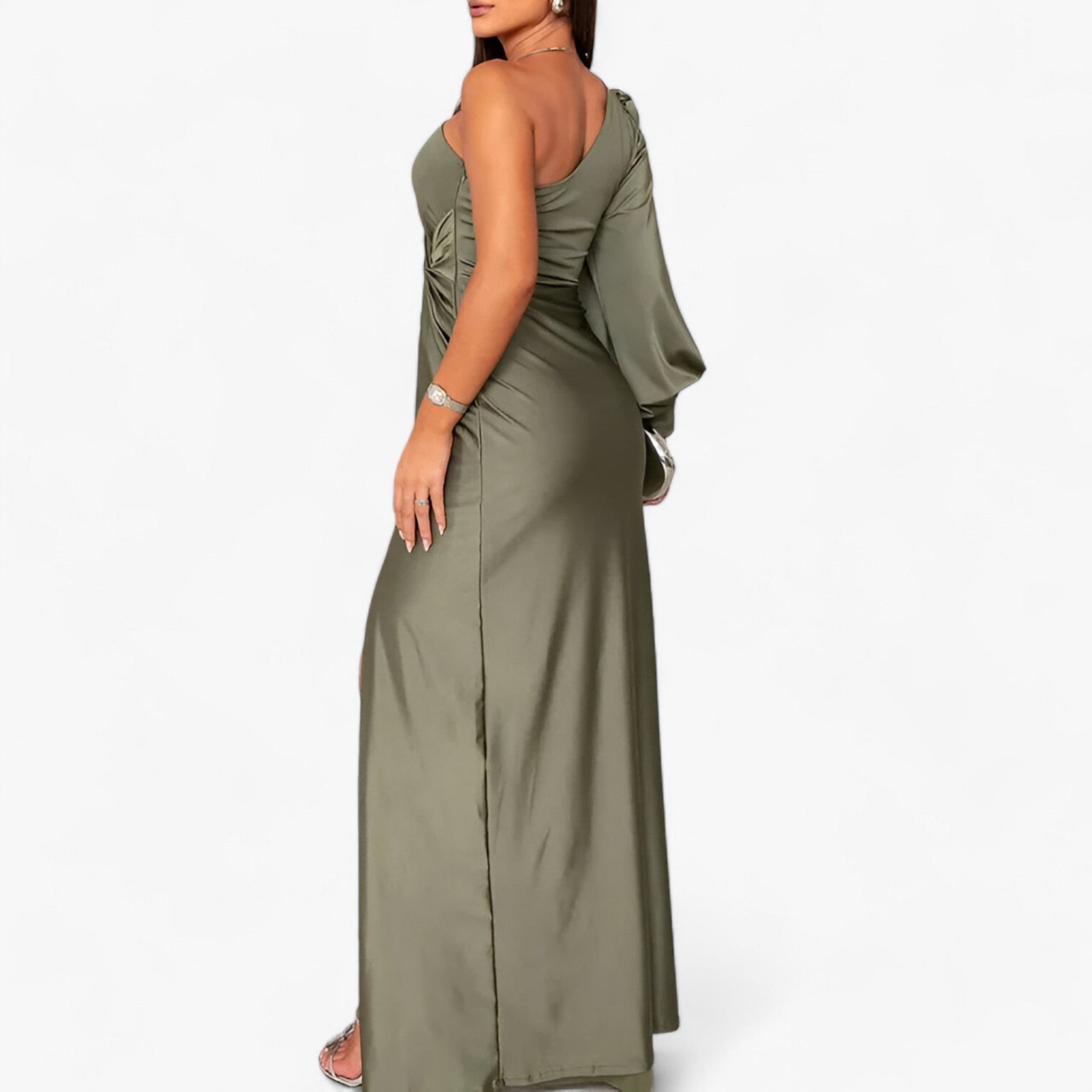 Maxi Dress : Évora Satijnen Maxi Dress - Elegant en Comfortabel - Kaki Groen in van Pantino