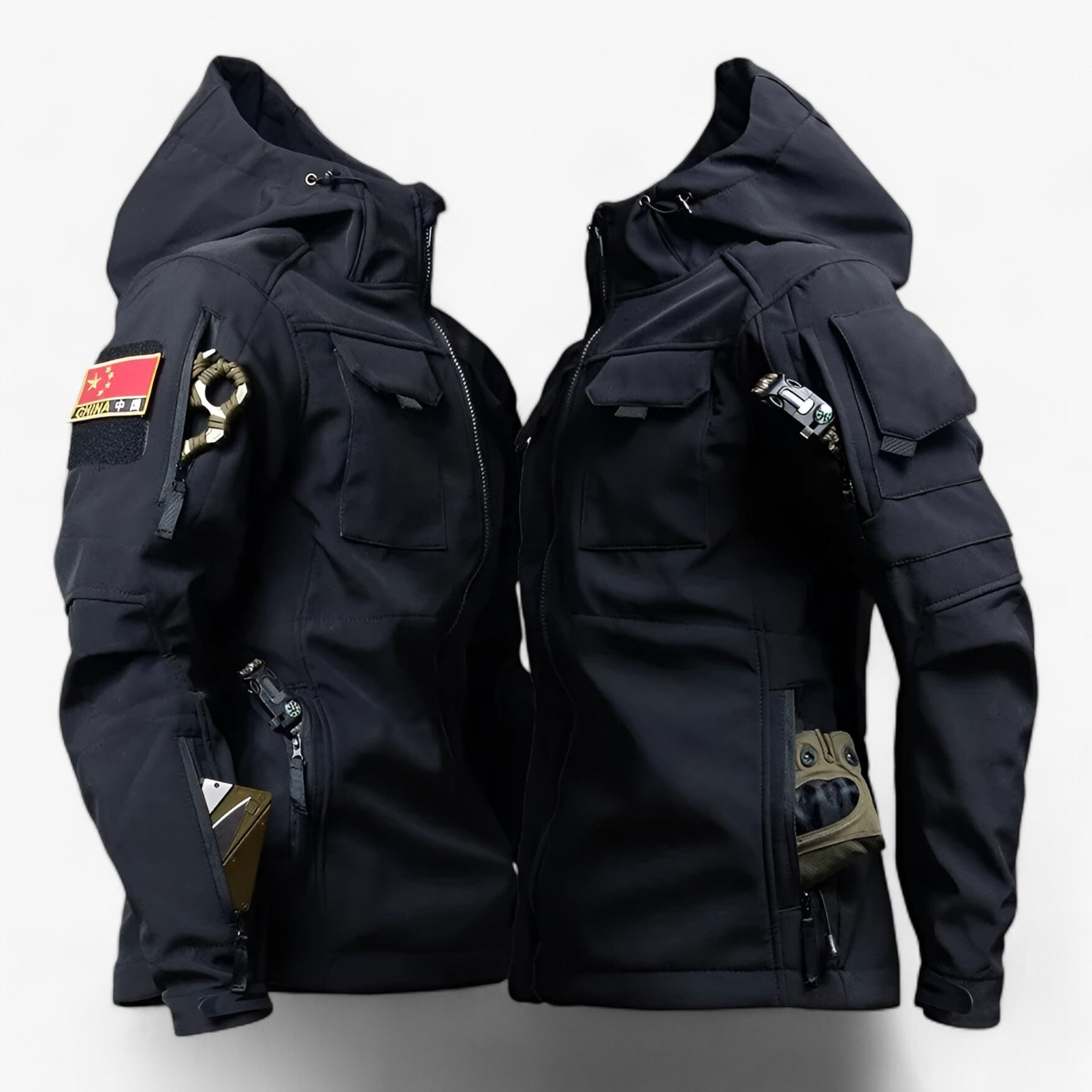 outdoor equipment : TraI - Tactische Herenjack met Capuchon - Dikke Softshell Waterdicht met Meerdere Zakken in Zwart van Pantino
