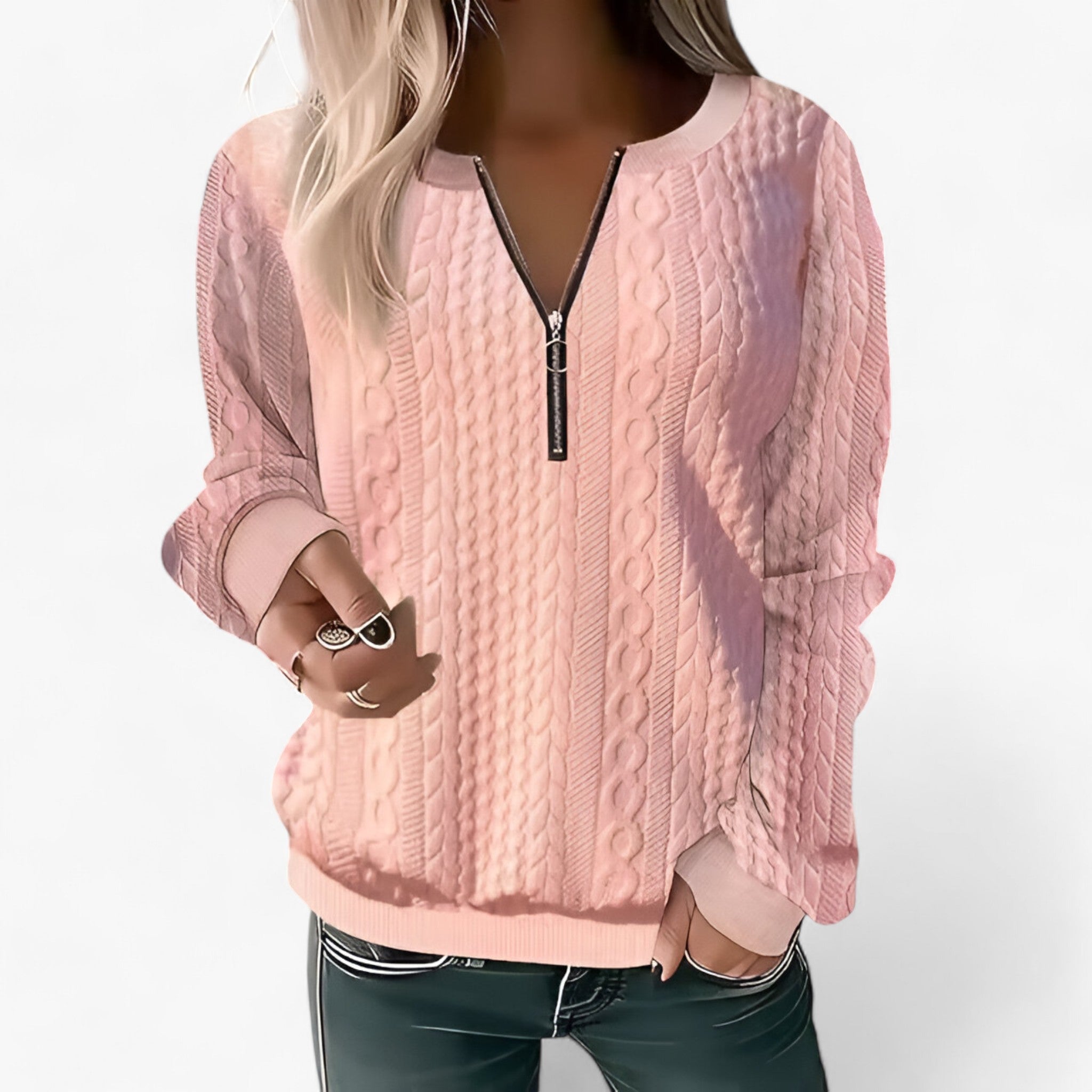 Blouse : V-Hals Top met Rits - Moeiteloze Stijl voor in de Stad - Roze in Roze van Pantino