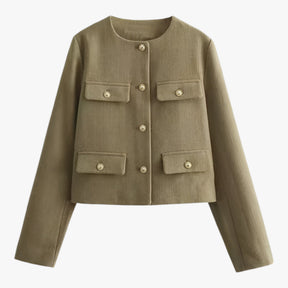 Cropped Tweed Jacket : Jack Zwart - Crop-Jacke van Tweed - Elegante Franje-Details voor de Herfst in Donkerolijf van Pantino