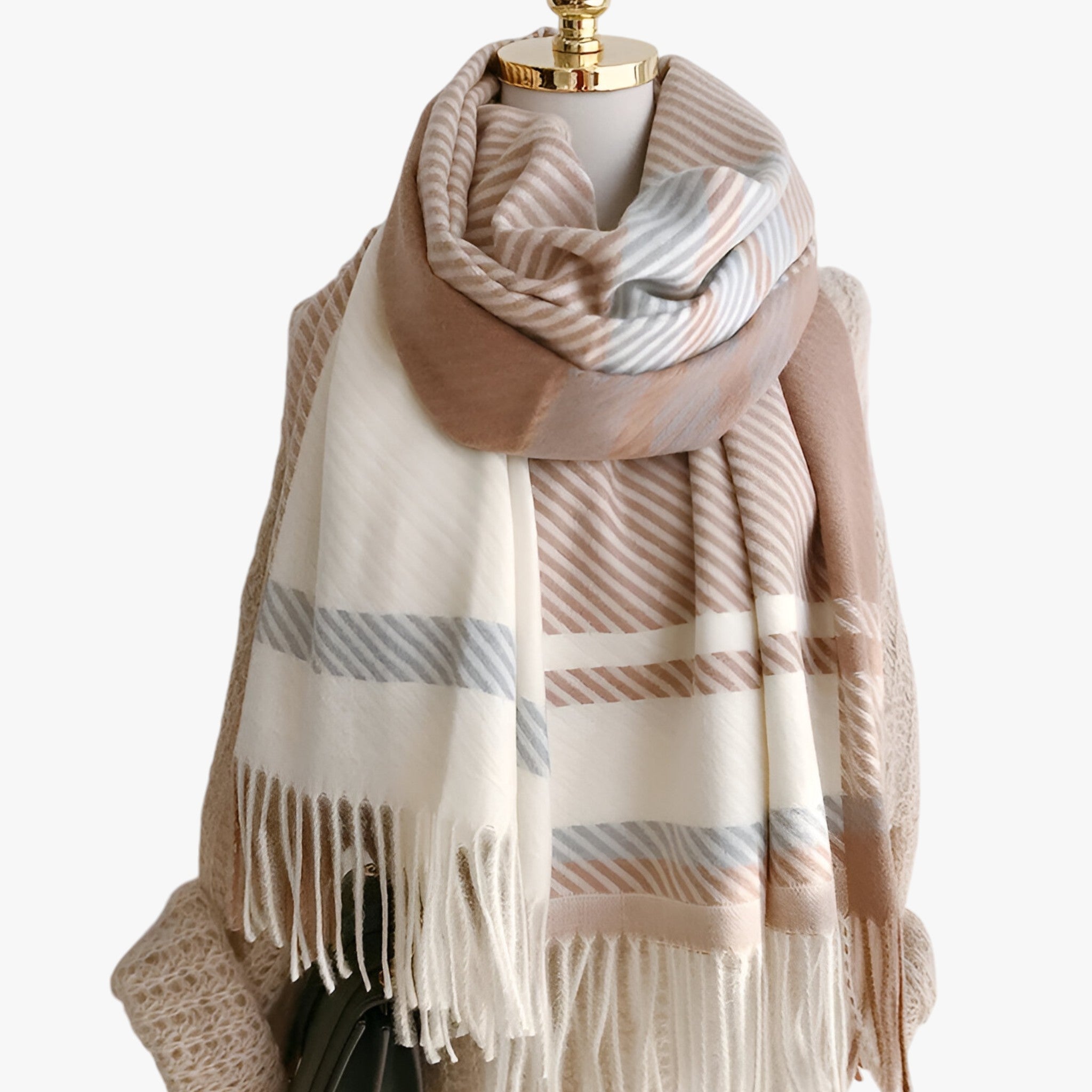 Scarf : Vintage Geblokte Sjaal - Elegante en Comfortabele Sjaal - Lichtgrijs in Olijfgroen One size van Pantino