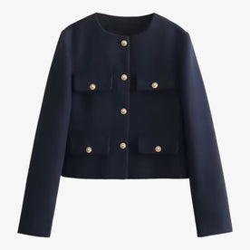 women's jacket : Jack Zwart - Crop-Jacke van Tweed - Elegante Franje-Details voor de Herfst in Marine van Pantinoshop
