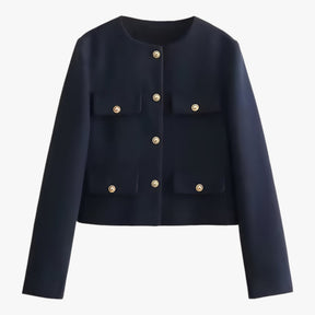 Cropped Tweed Jacket : Jack Zwart - Crop-Jacke van Tweed - Elegante Franje-Details voor de Herfst in Marine van Pantino
