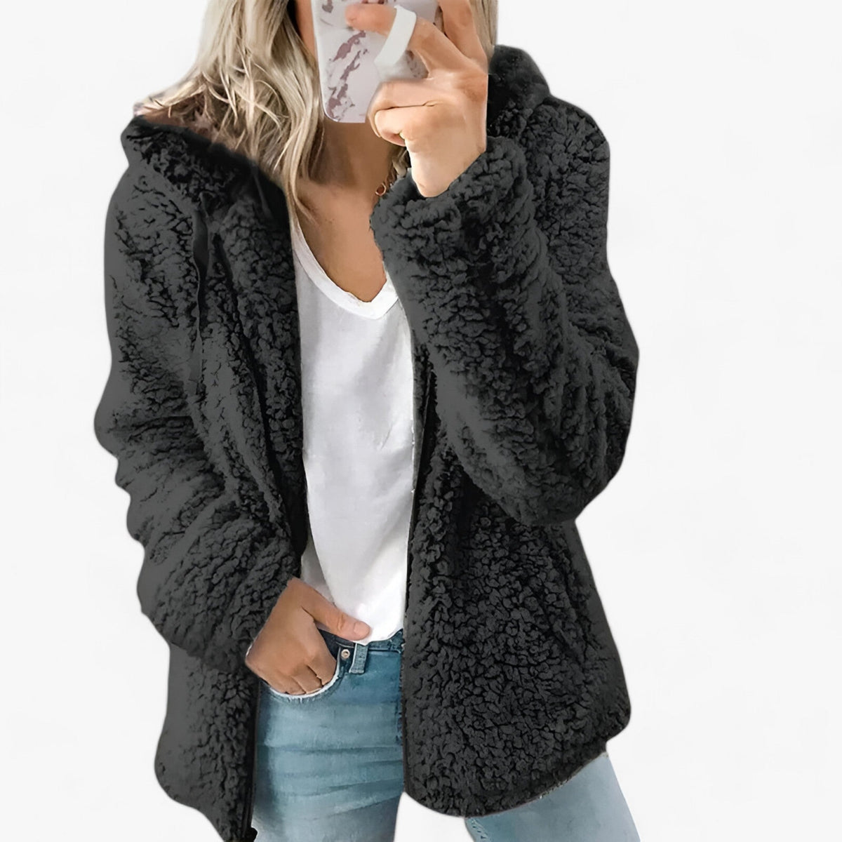 Jacket : Dames Wollen Jas Lichtgrijs met Fleece Voering - Warme Winterjas in Zwart van Pantino