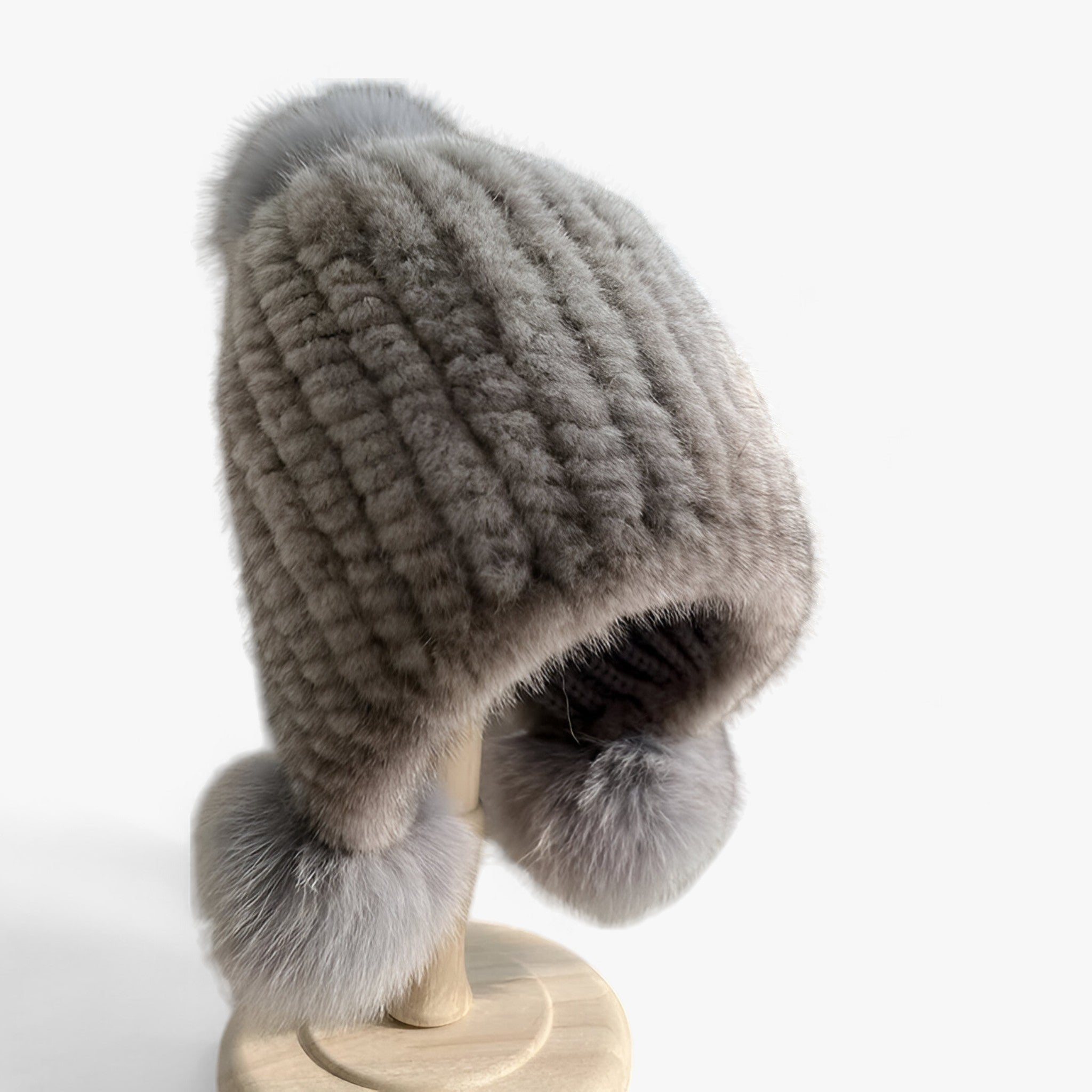 Hat : Baret van Nertsvacht Dames - Luxueuze Warmte met een Vossenbont Pompon - Bruin in grijs 1 rubberband van Pantino
