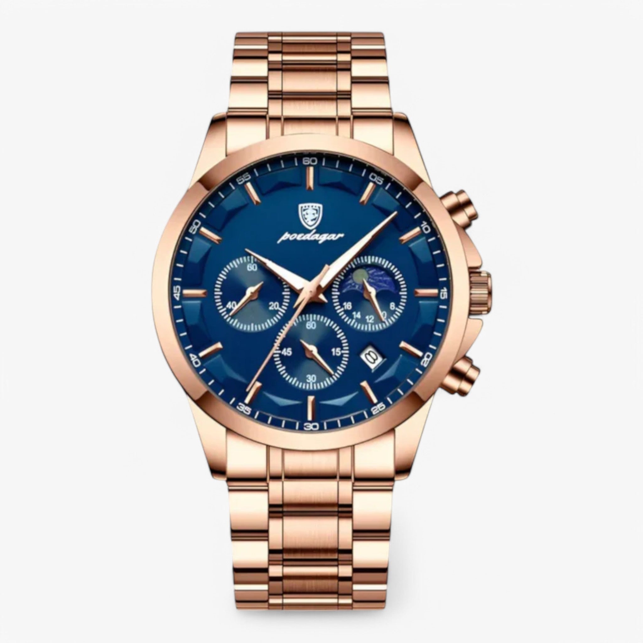 watches : Herenhorloge Zilver RVS - Klassiek Analoog Polshorloge met Schakelband in Blauw roségoud van Pantino