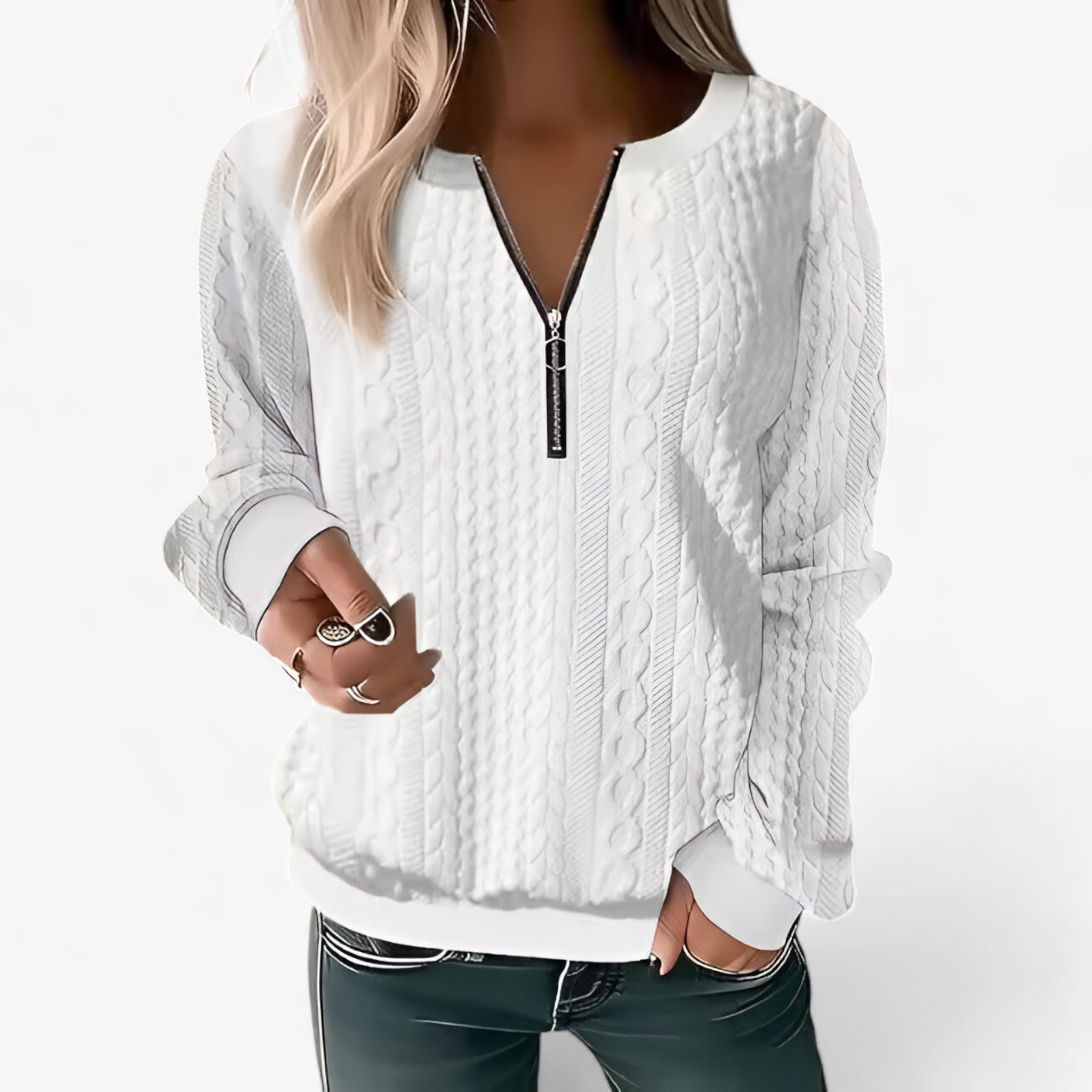 Blouse : V-Hals Top met Rits - Moeiteloze Stijl voor in de Stad - Roze in Wit van Pantino