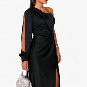 Maxi Dress : Évora Satijnen Maxi Dress - Elegant en Comfortabel - Kaki Groen in Zwart van Pantino