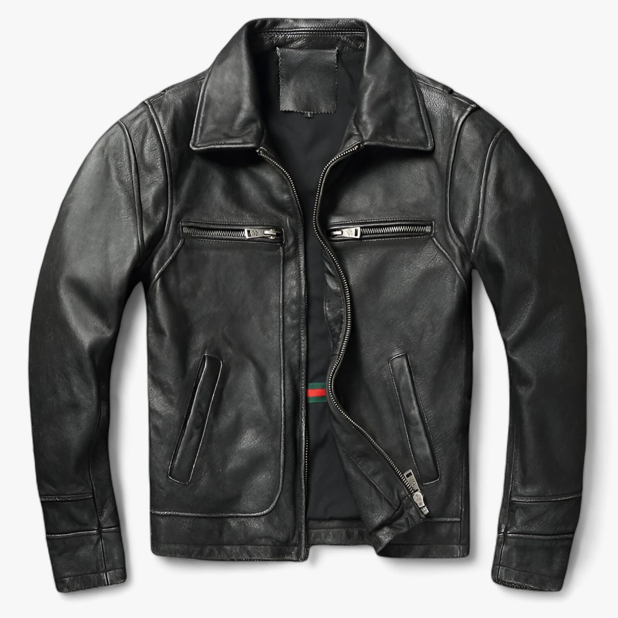 Leather Biker Jacket : Jack Heren Puur Zwart - Leren Bikerjack - Vintage Biker Warmte in Puur Zwart van Pantino