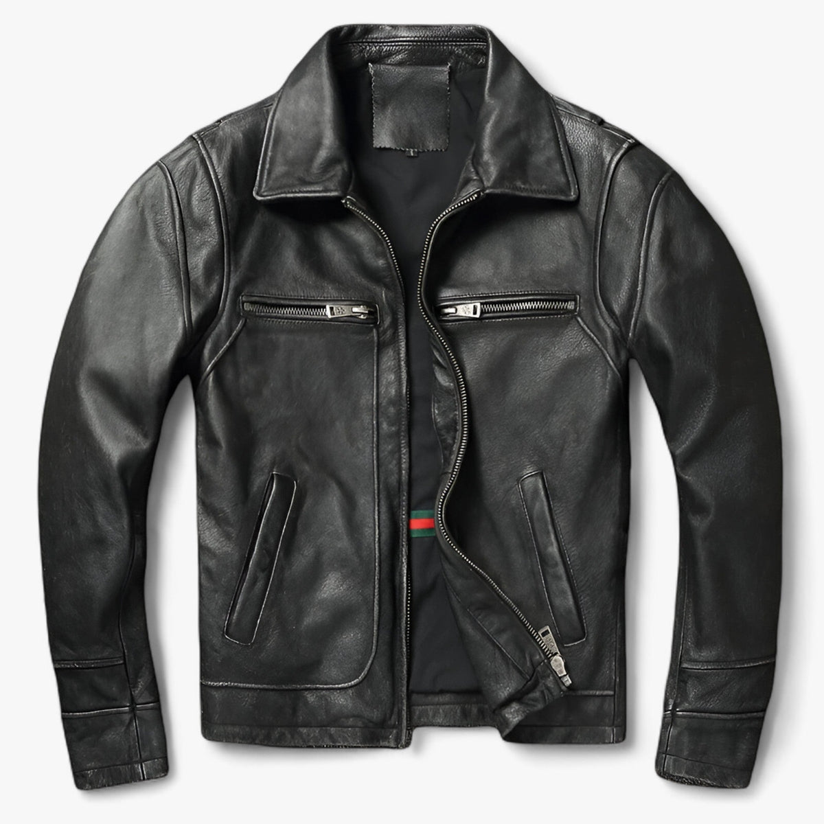 Leather Biker Jacket : Jack Heren Puur Zwart - Leren Bikerjack - Vintage Biker Warmte in Puur Zwart van Pantino