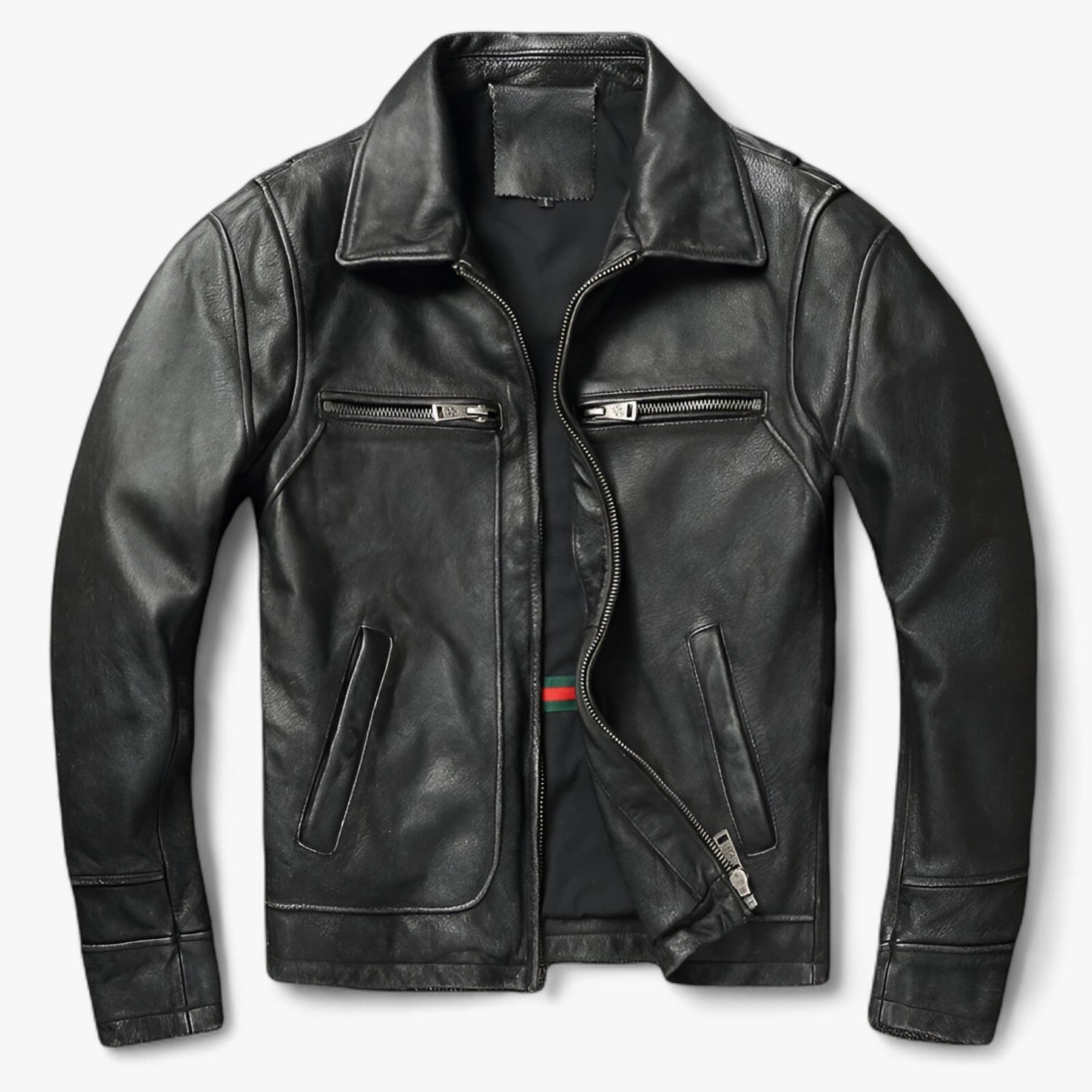 Leather Biker Jacket : Jack Heren Puur Zwart - Leren Bikerjack - Vintage Biker Warmte in Puur Zwart van Pantino