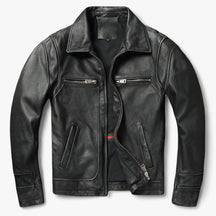 Leather Biker Jacket : Jack Heren Puur Zwart - Leren Bikerjack - Vintage Biker Warmte in Puur Zwart van Pantino