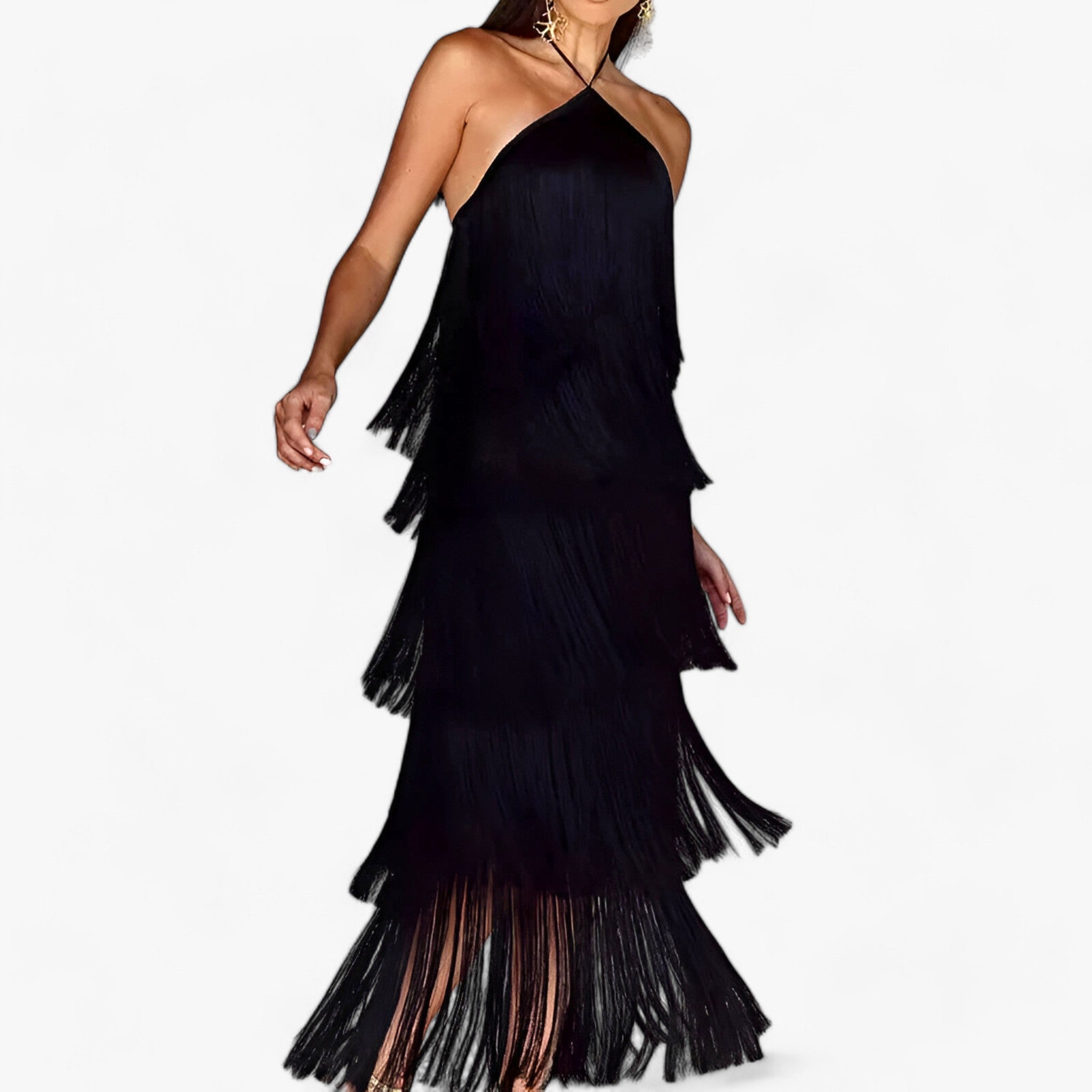 Dresses : SERENA - Mouwloze jurk met vlinderhals - glamoureuze franjedetails in Nero van Pantinoshop
