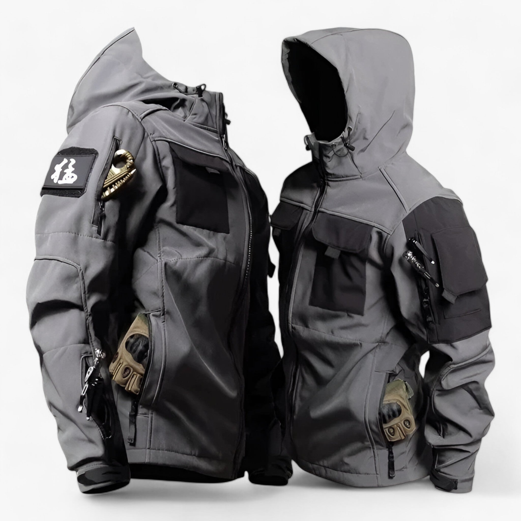 outdoor equipment : TraI - Tactische Herenjack met Capuchon - Dikke Softshell Waterdicht met Meerdere Zakken in Grijs van Pantino