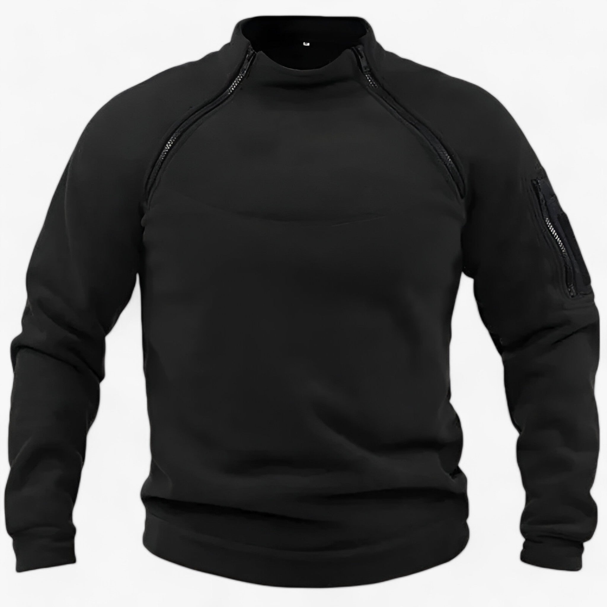 Fleece Jacket : Pullover Heren Olijf - Fleece- met Windbescherming - Tactisch & Casual met Stijve Krage in Zwart van Pantino