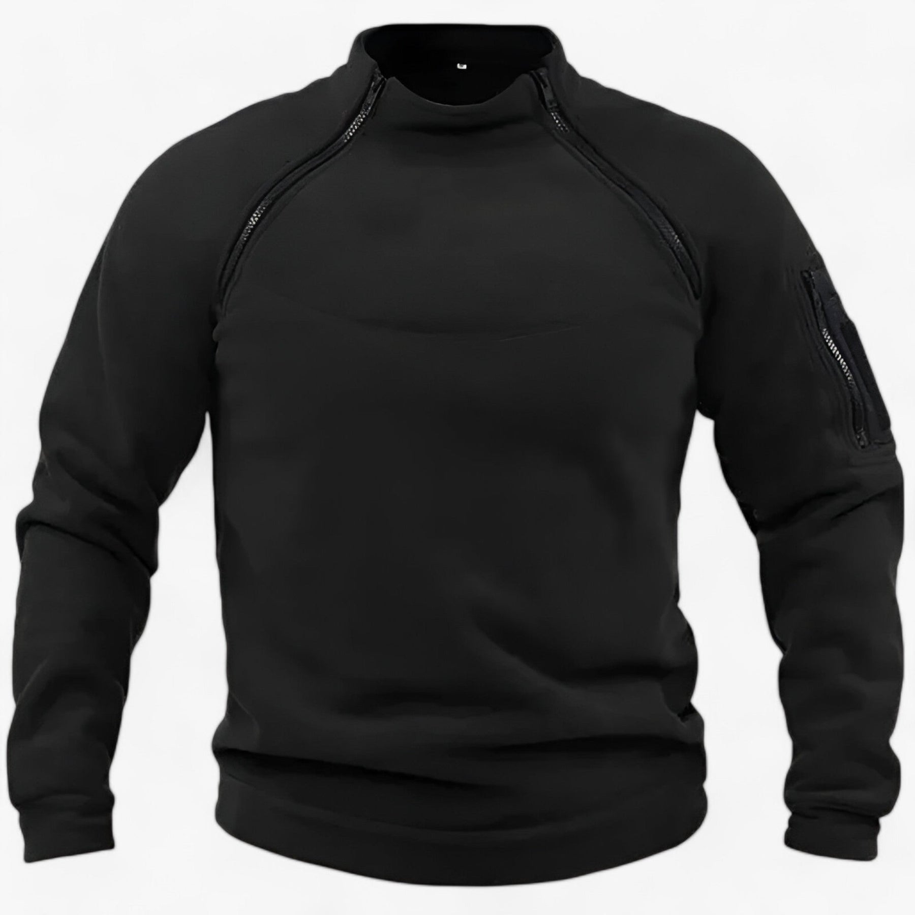 Fleece Jacket : Pullover Heren Olijf - Fleece- met Windbescherming - Tactisch & Casual met Stijve Krage in Zwart van Pantino