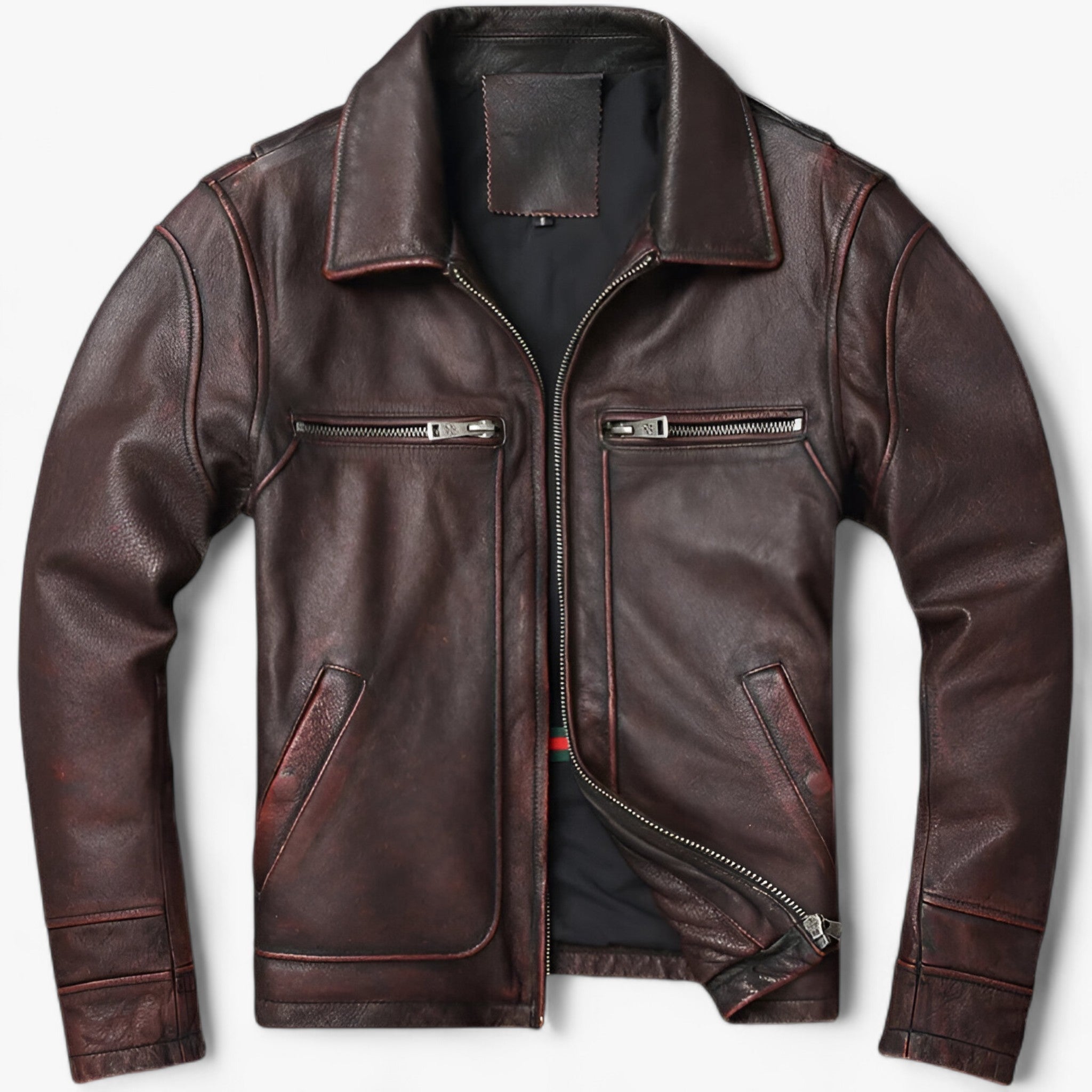 Leather Biker Jacket : Jack Heren Puur Zwart - Leren Bikerjack - Vintage Biker Warmte in Vintage Bruin van Pantino