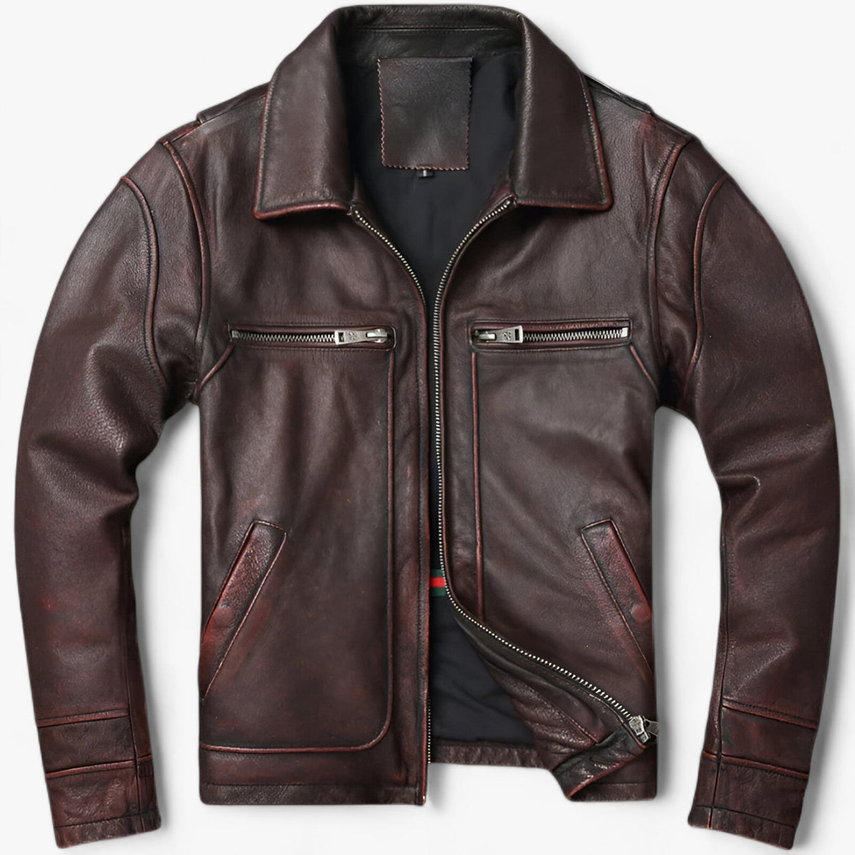 Leather Biker Jacket : Jack Heren Puur Zwart - Leren Bikerjack - Vintage Biker Warmte in Vintage Bruin van Pantino