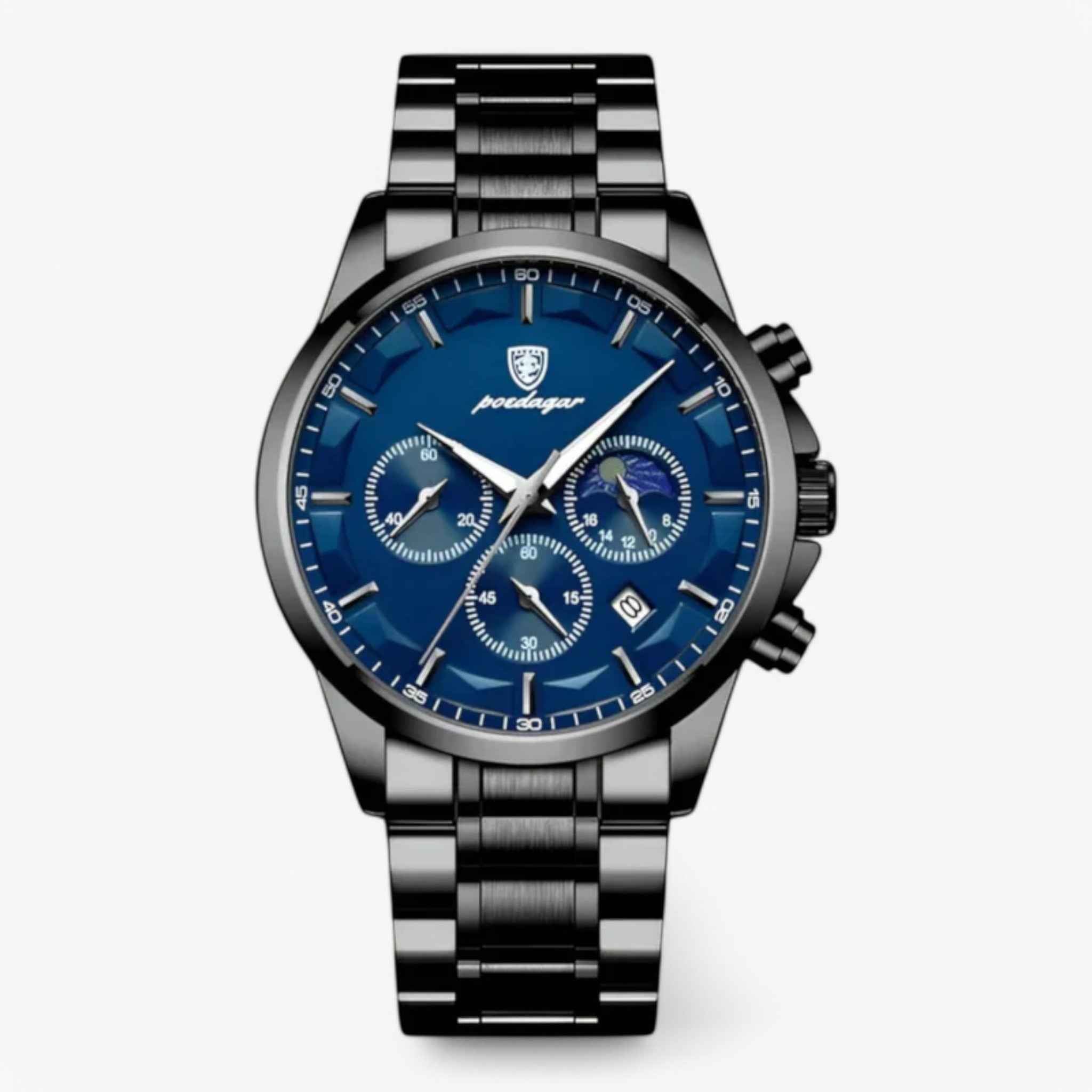 Watch : Horloge Heren Luxe Quartz Zwart, Armband Echt Leer Slank & Elegant - Premium Kwaliteit in Blauw zwart van Pantinoshop