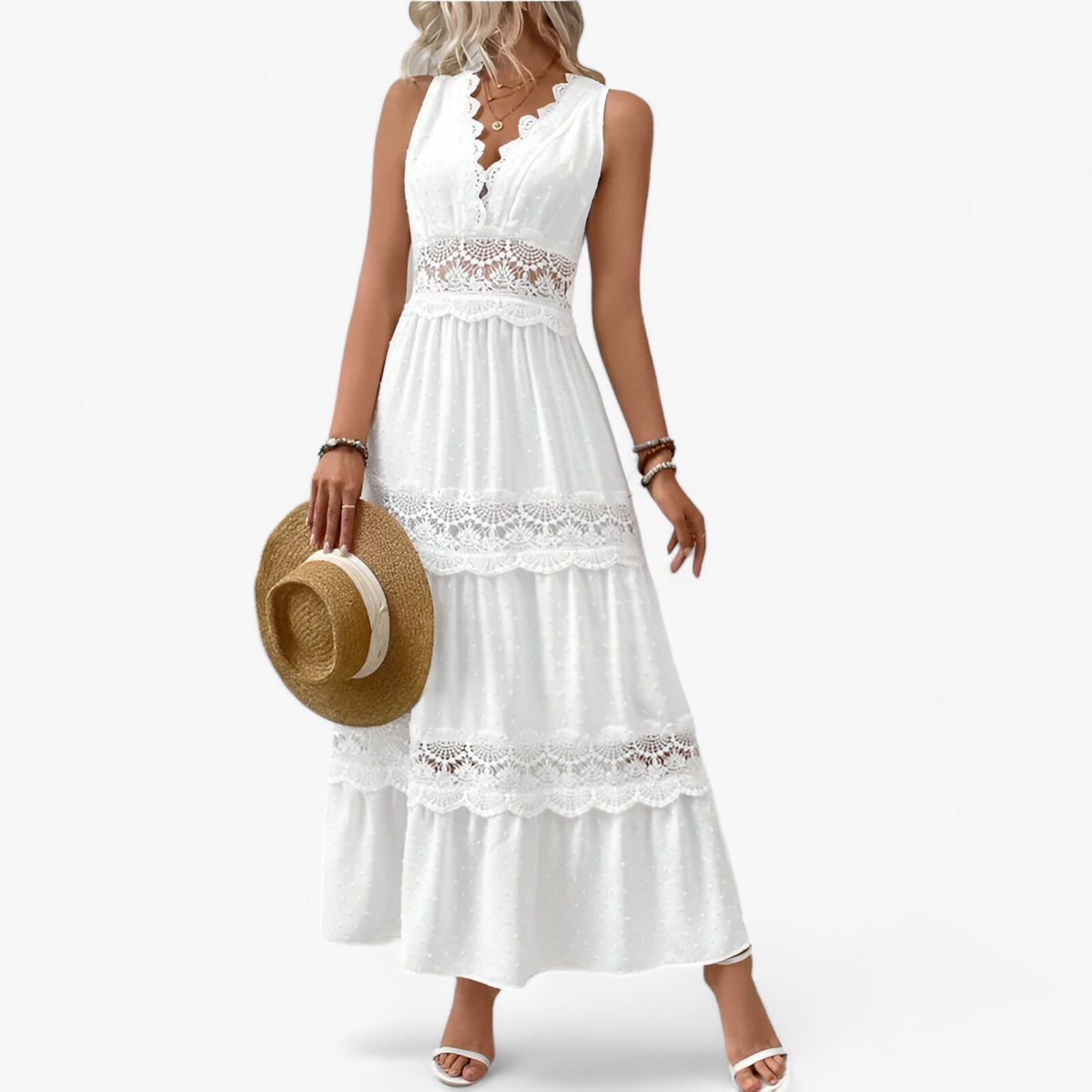 Maxi Dress : V-Hals Zomerjurk - Vloeiende Lengte met Elegante Details in van Pantino