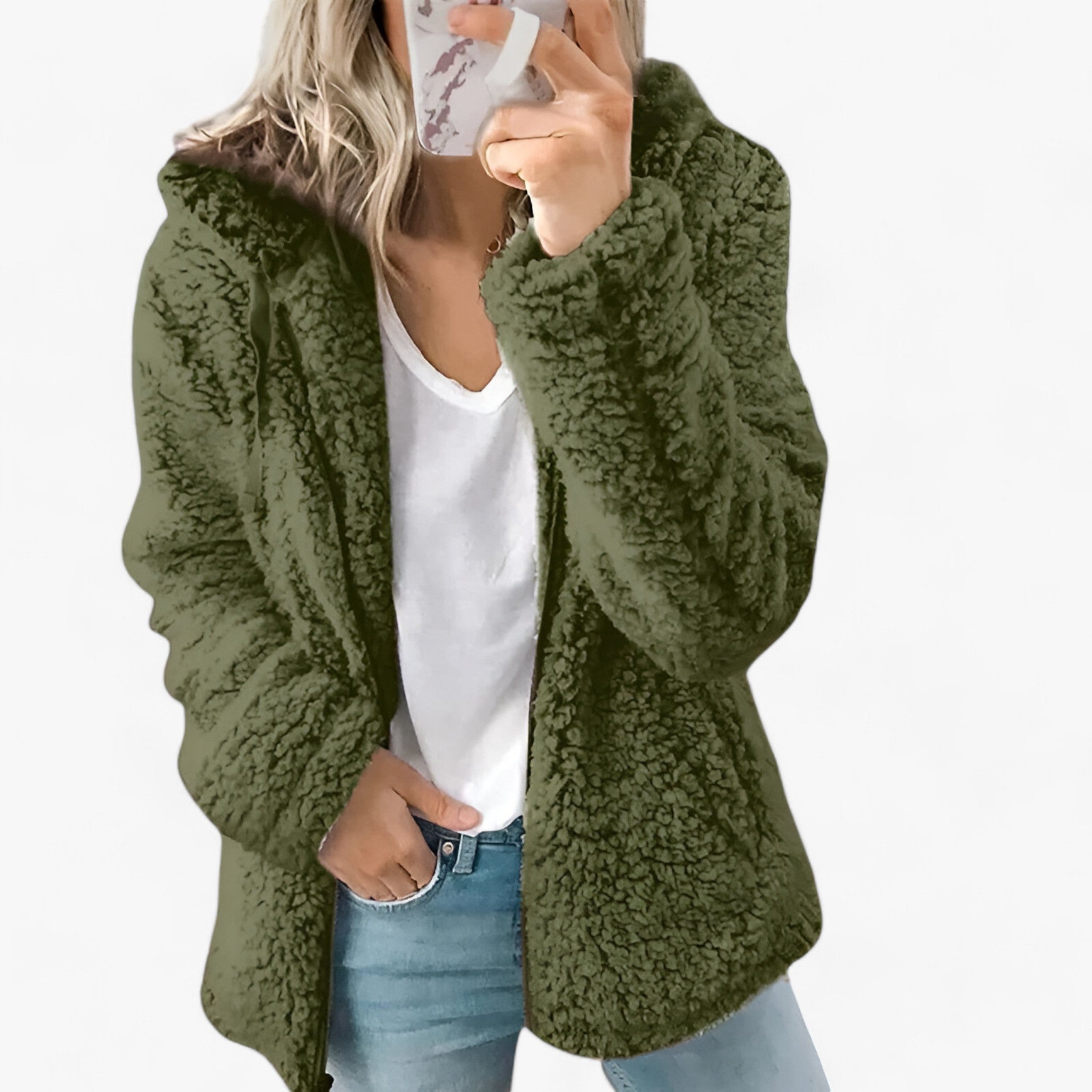 Jacket : Dames Wollen Jas Lichtgrijs met Fleece Voering - Warme Winterjas in Legergroen van Pantino