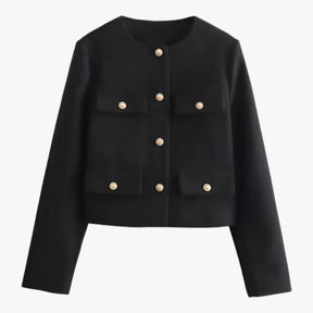 Cropped Tweed Jacket : Jack Zwart - Crop-Jacke van Tweed - Elegante Franje-Details voor de Herfst in Zwart van Pantino