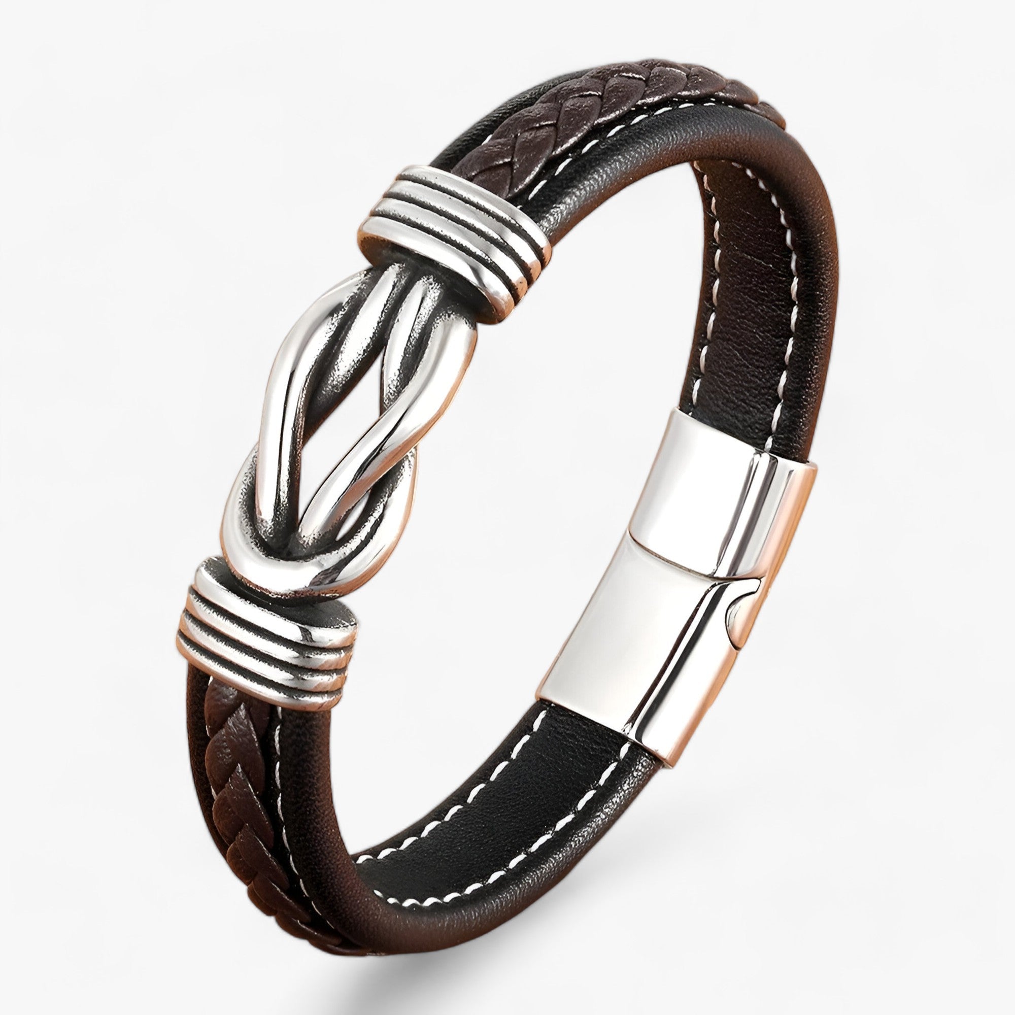 Men's Leather Bracelet : Heren Leren Armband Zwart - Echt Leer, Verstelbaar & Stoer Design in Zwart met Koffie van Pantino