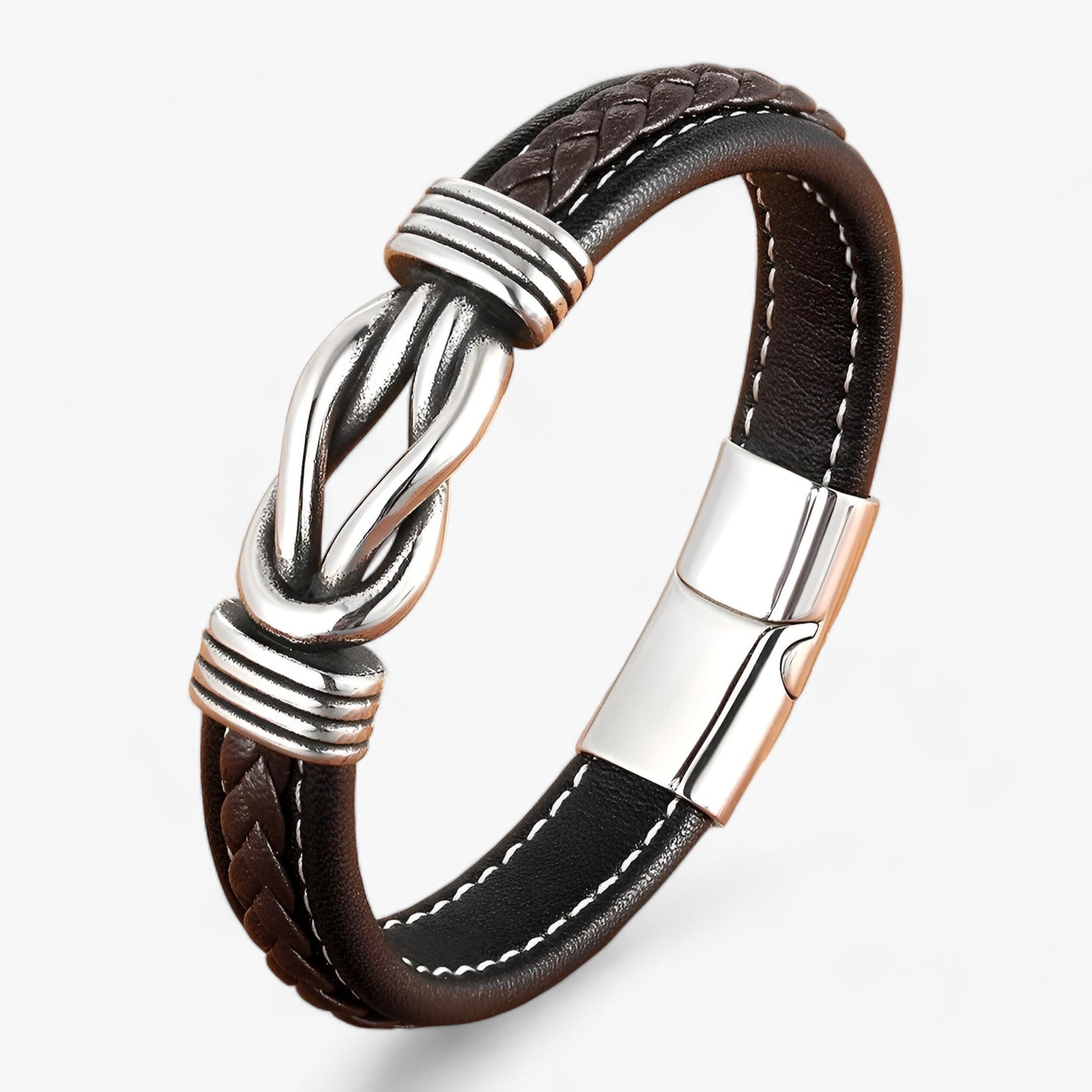 Men's Leather Bracelet : Heren Leren Armband Zwart - Echt Leer, Verstelbaar & Stoer Design in Zwart met Koffie van Pantino