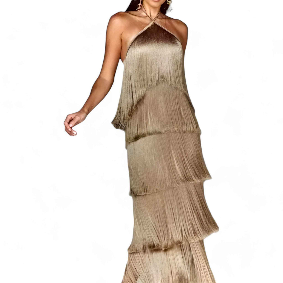 Dresses : SERENA - Mouwloze jurk met vlinderhals - glamoureuze franjedetails in van Pantinoshop