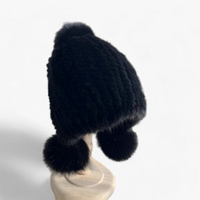 Hat : Baret van Nertsvacht Dames - Luxueuze Warmte met een Vossenbont Pompon - Bruin in zwart rubberband van Pantino