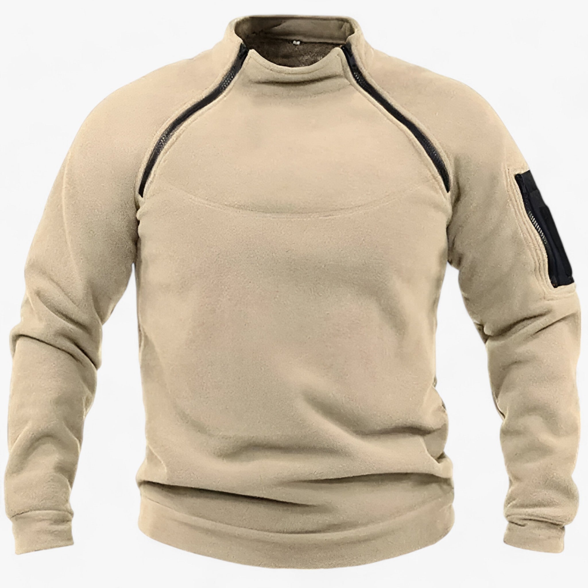 Fleece Jacket : Pullover Heren Olijf - Fleece- met Windbescherming - Tactisch & Casual met Stijve Krage in Khaki van Pantino