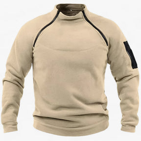 Fleece Jacket : Pullover Heren Olijf - Fleece- met Windbescherming - Tactisch & Casual met Stijve Krage in Khaki van Pantino