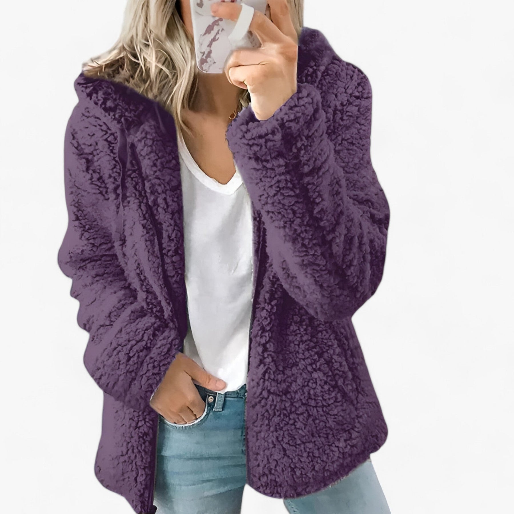 Jacket : Dames Wollen Jas Lichtgrijs met Fleece Voering - Warme Winterjas in Paars van Pantino