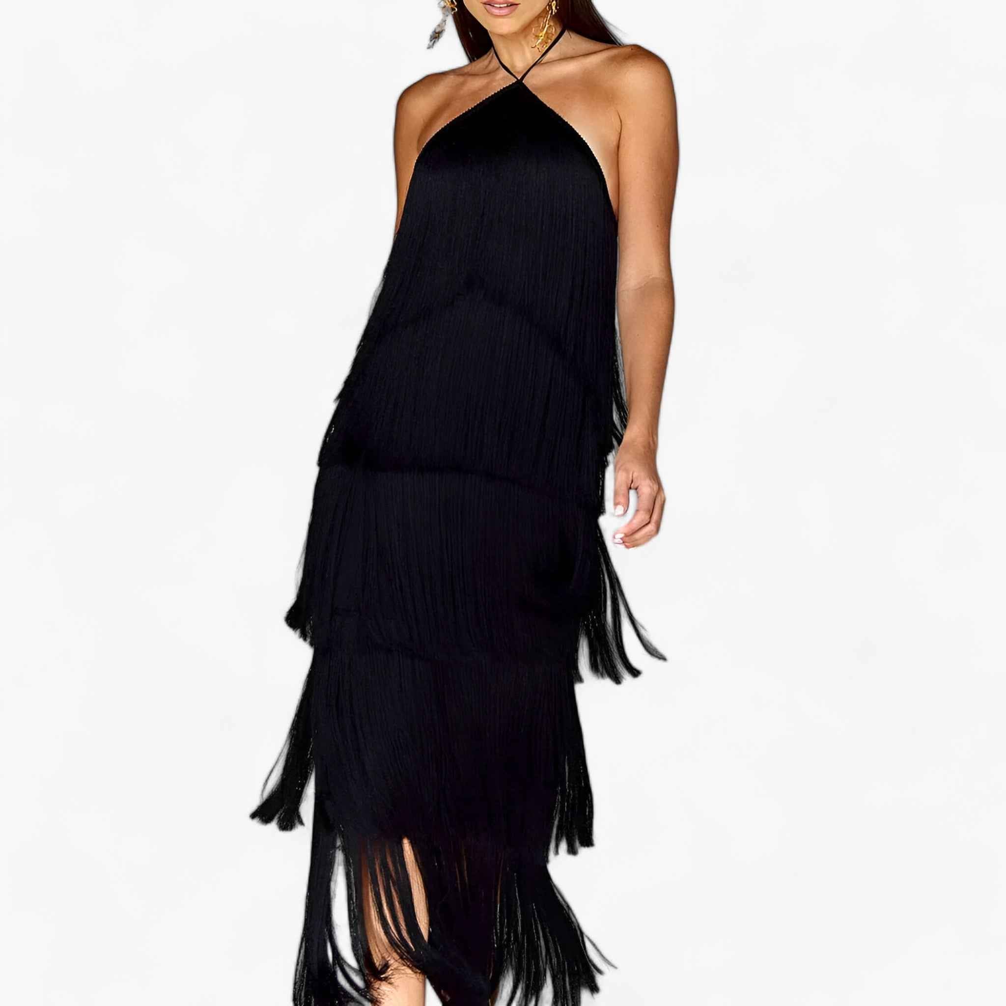 Dresses : SERENA - Mouwloze jurk met vlinderhals - glamoureuze franjedetails in van Pantinoshop