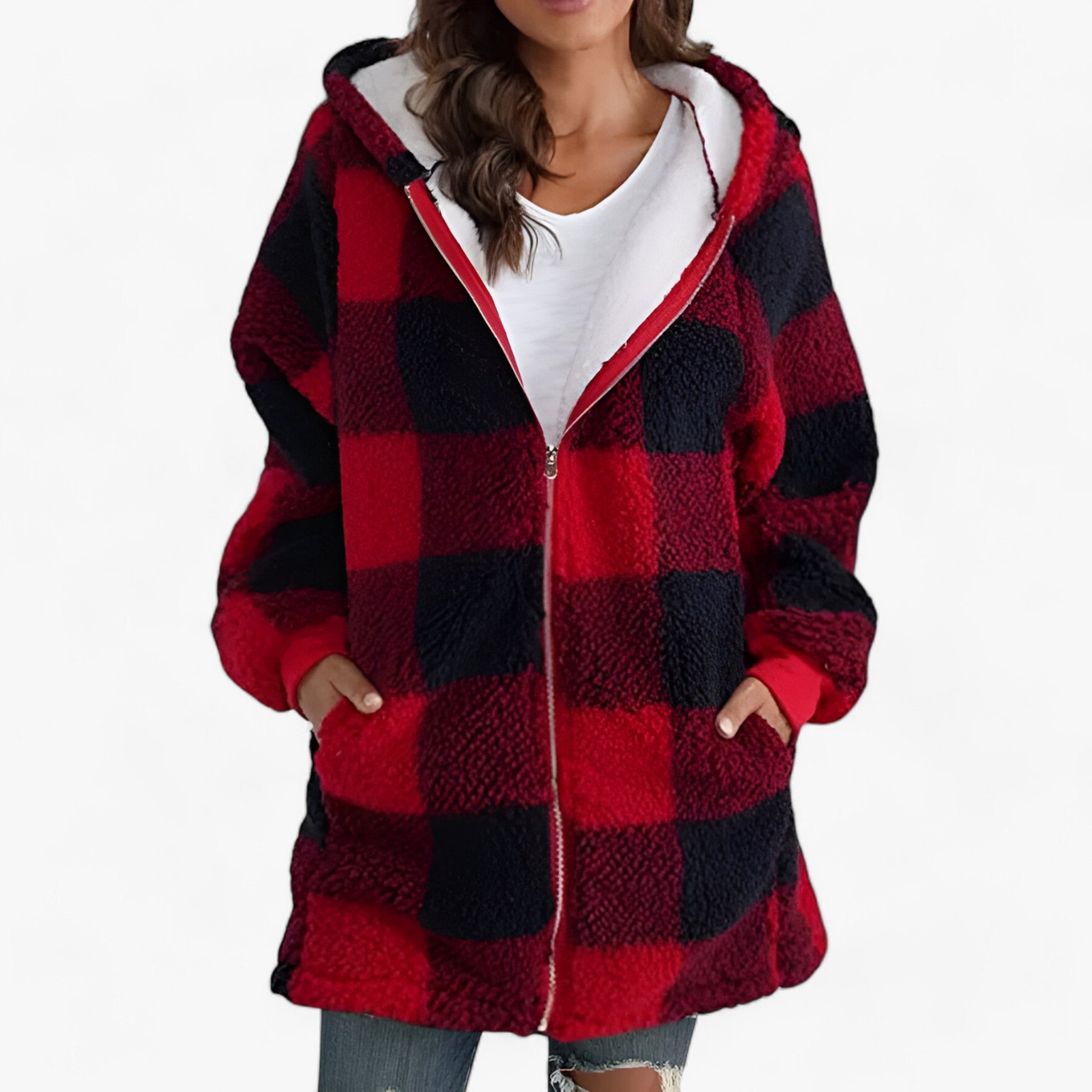 Hoodie Jacket : Jas Dames Blauw - Oversized Lange met Capuchon voor - Ultiem Comfort en Stijlvolle Warmte in Rood van Pantino