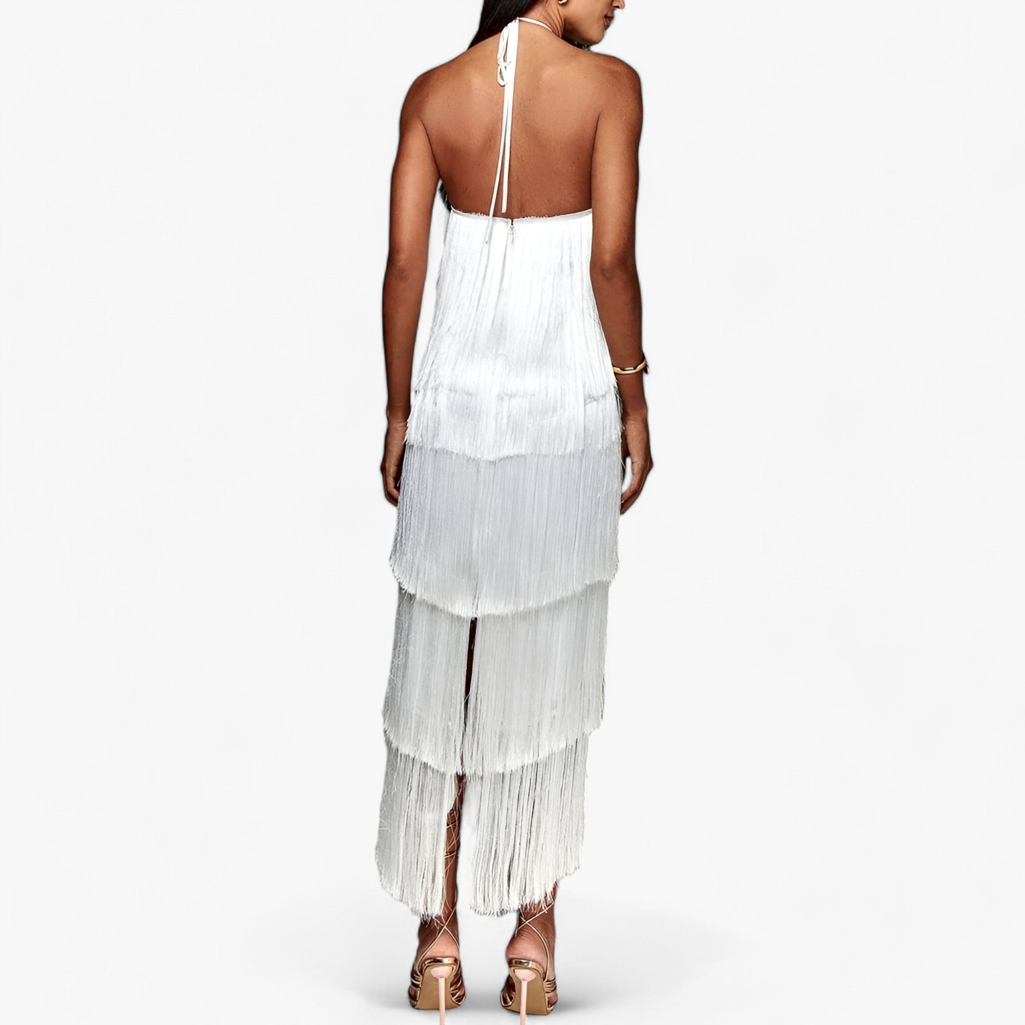 Dresses : SERENA - Mouwloze jurk met vlinderhals - glamoureuze franjedetails in van Pantinoshop