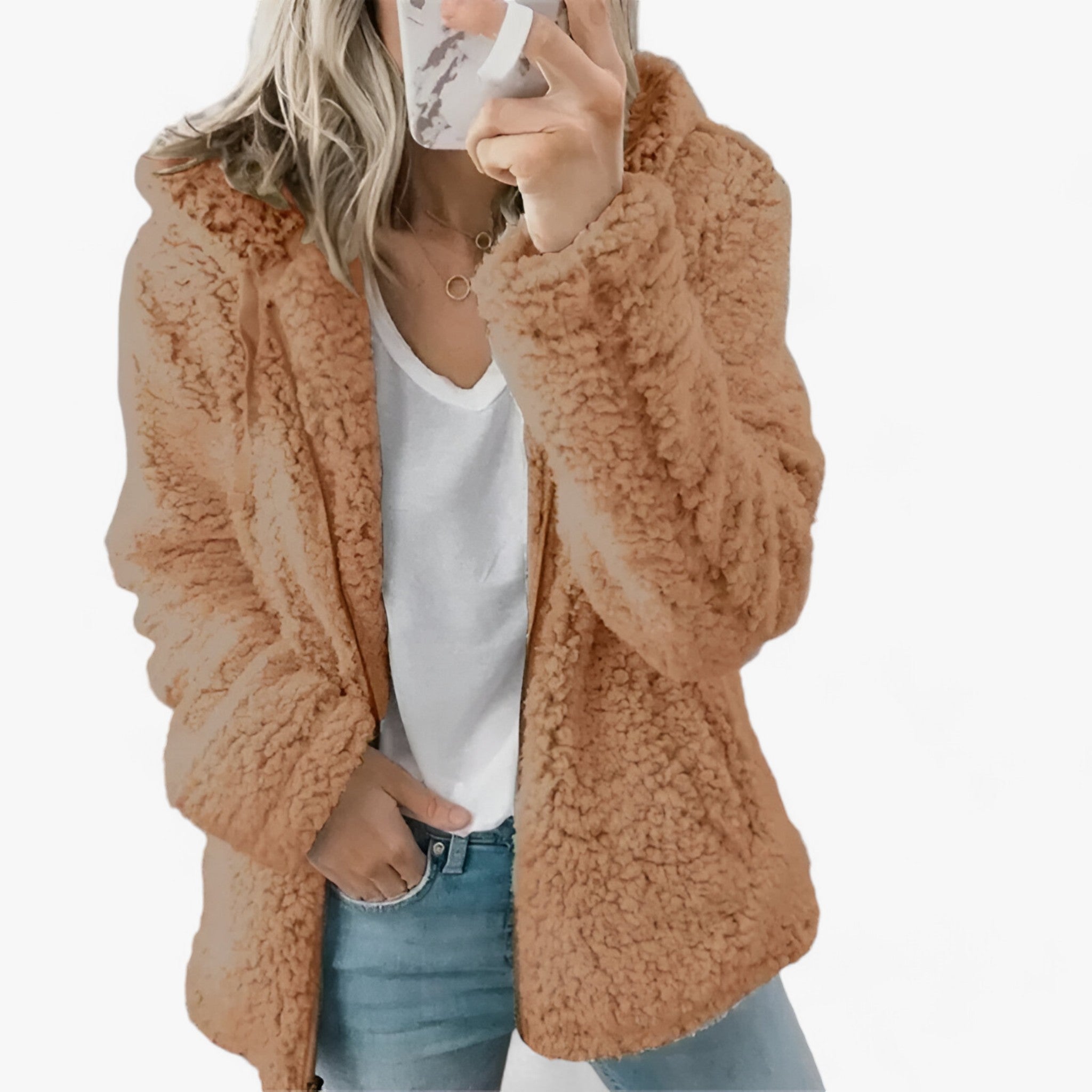 Jacket : Dames Wollen Jas Lichtgrijs met Fleece Voering - Warme Winterjas in Donkerbruin van Pantino