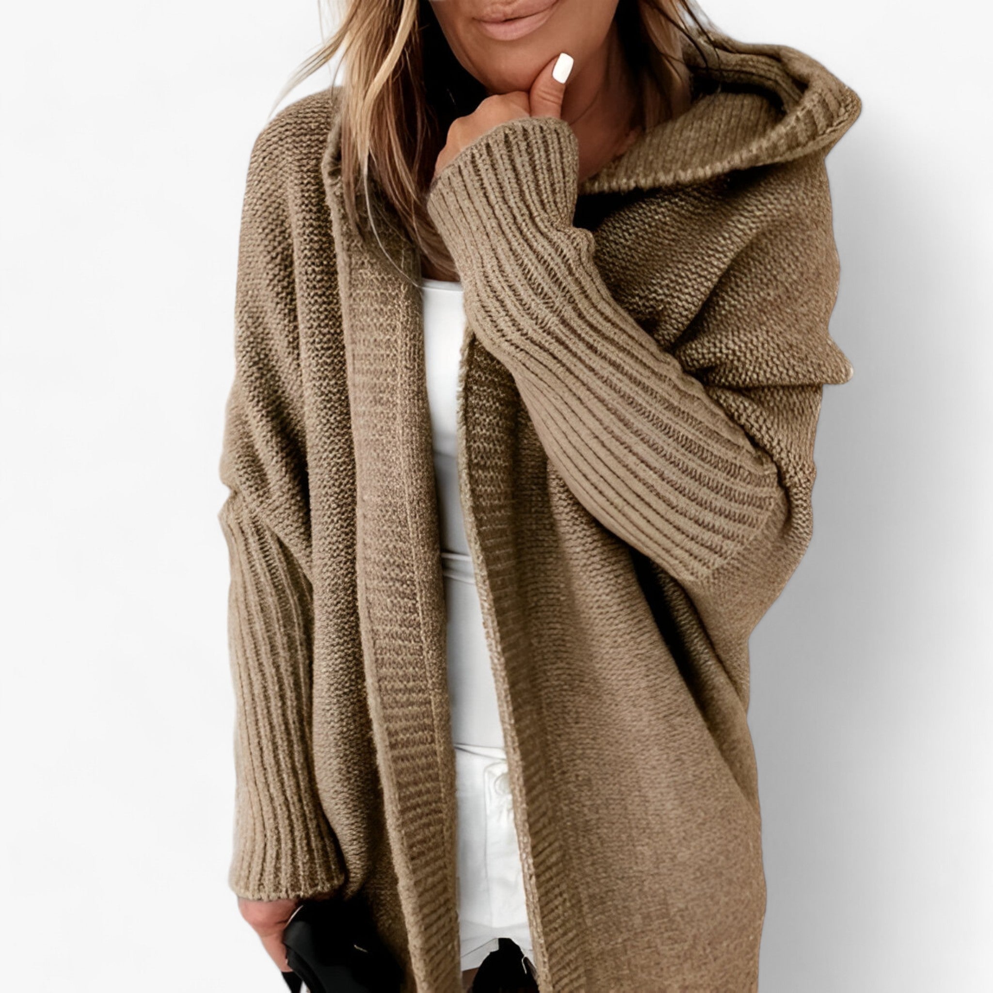 Cardigan : Cardigan Lavendel - Gebreide Hoodie - Chic en Comfortabel voor de Herfst in Khaki van Pantino