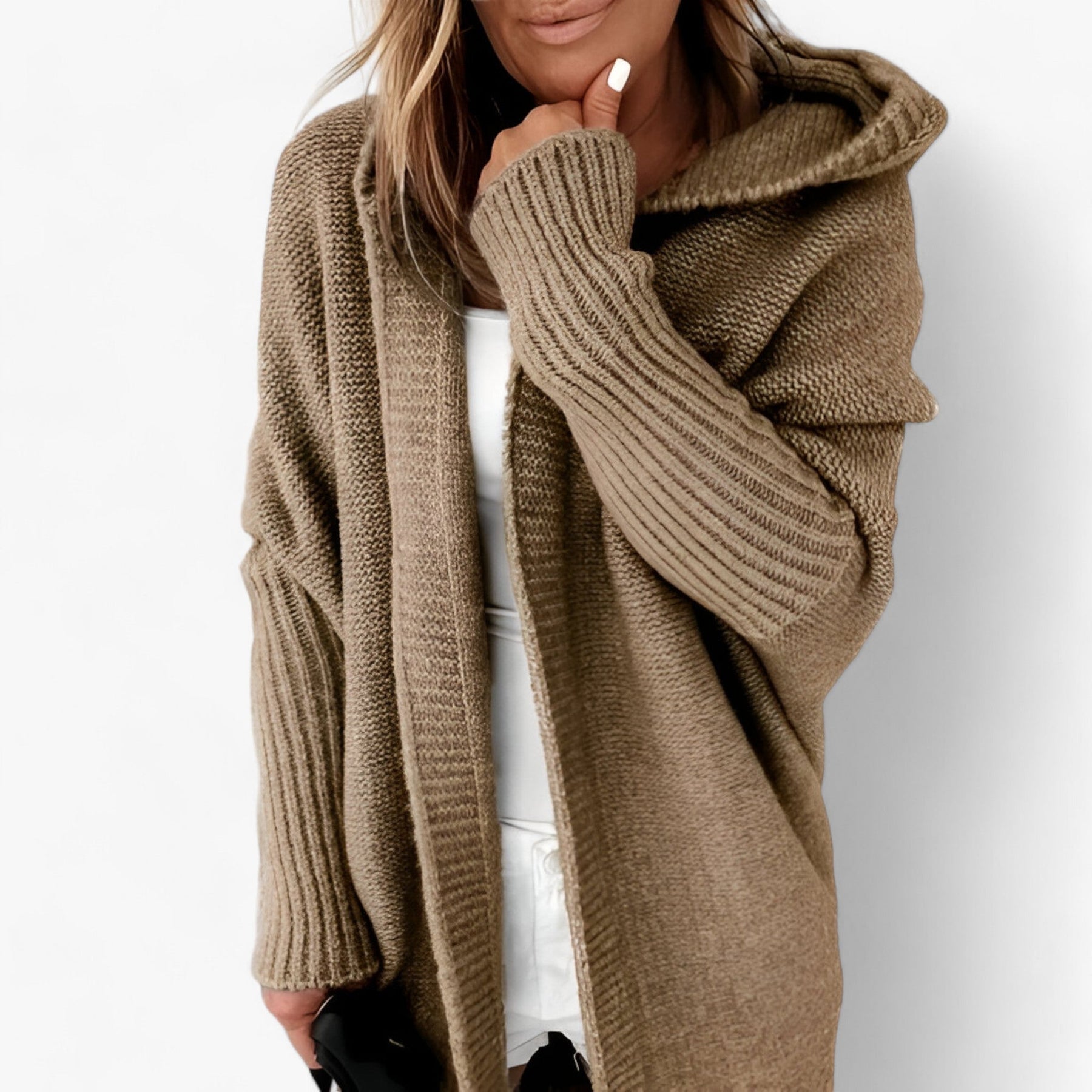 Cardigan : Cardigan Lavendel - Gebreide Hoodie - Chic en Comfortabel voor de Herfst in Khaki van Pantino