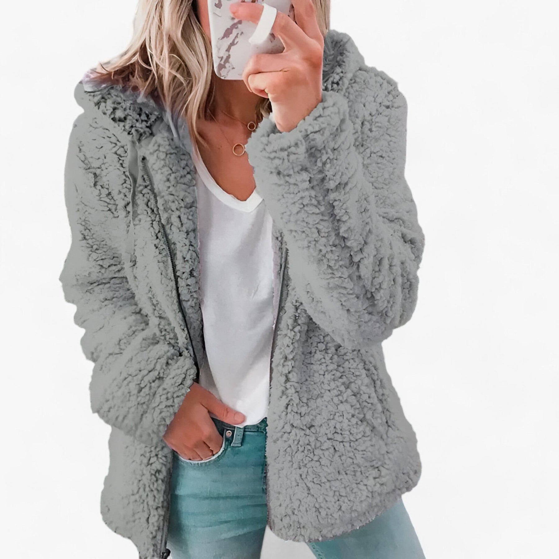 Jacket : Dames Wollen Jas Lichtgrijs met Fleece Voering - Warme Winterjas in Lichtgrijs van Pantino