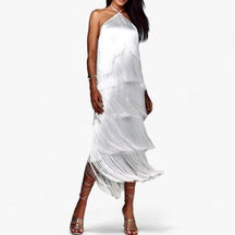 SERENA - Mouwloze jurk met vlinderhals - glamoureuze franjedetails
